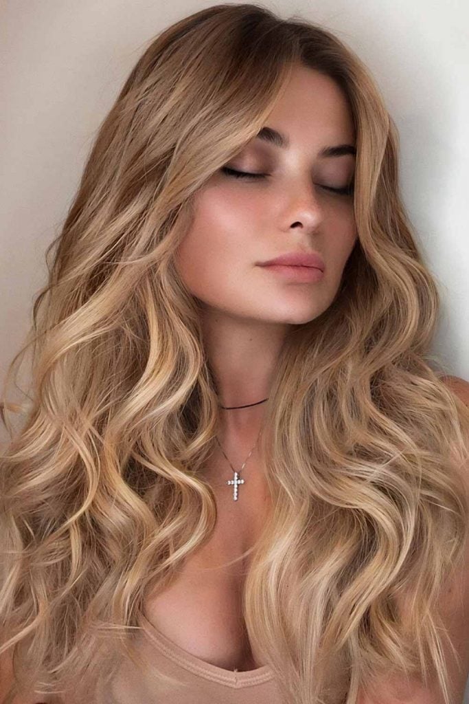 Long Honey Blonde Balayage With Golden and Caramel Tones