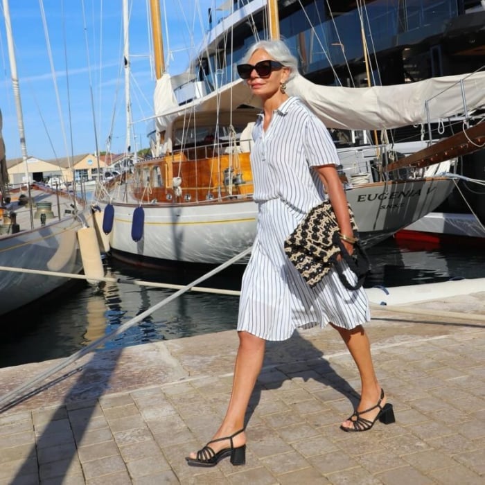 White and Navy Pinstripe Short-Sleeved Shirt Dress — Hot Weather Outfits