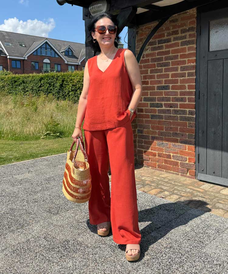 Burnt Orange Linen Sleeveless Top and Wide-Leg Trousers — Hot Weather Outfits