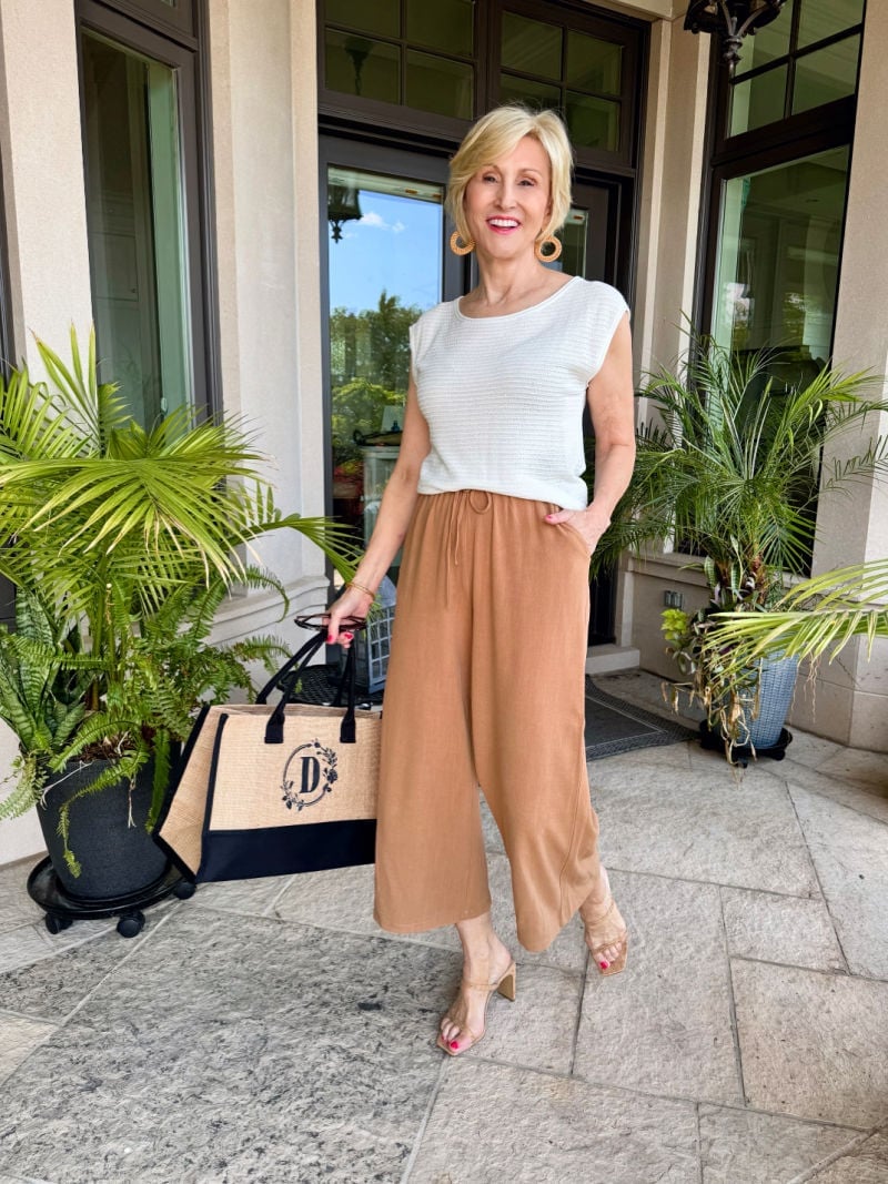 White Cap Sleeve Knit Top and Tan Wide Leg Culottes — Hot Weather Outfits