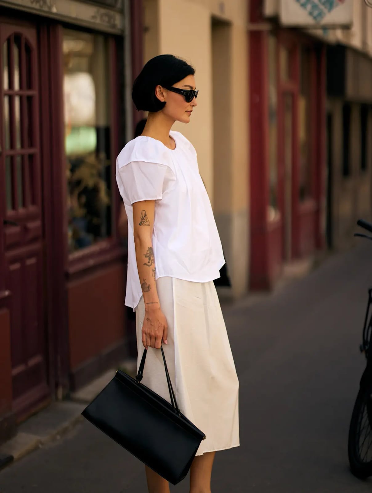 Voluminous White Cotton Top with Beige Midi Skirt — Hot Weather Outfits