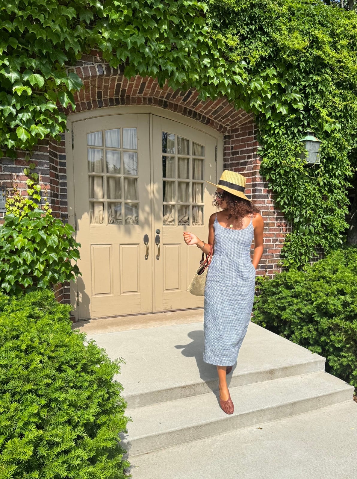 Blue Checked Linen Blend Midi Dress with Straw Hat — Hot Weather Outfits