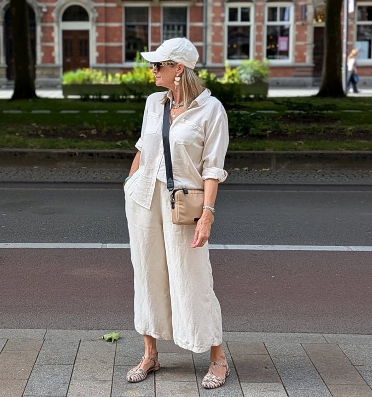 Matching Beige Linen Shirt and Wide-Leg Trousers Set With Relaxed Fit — Hot Weather Outfits