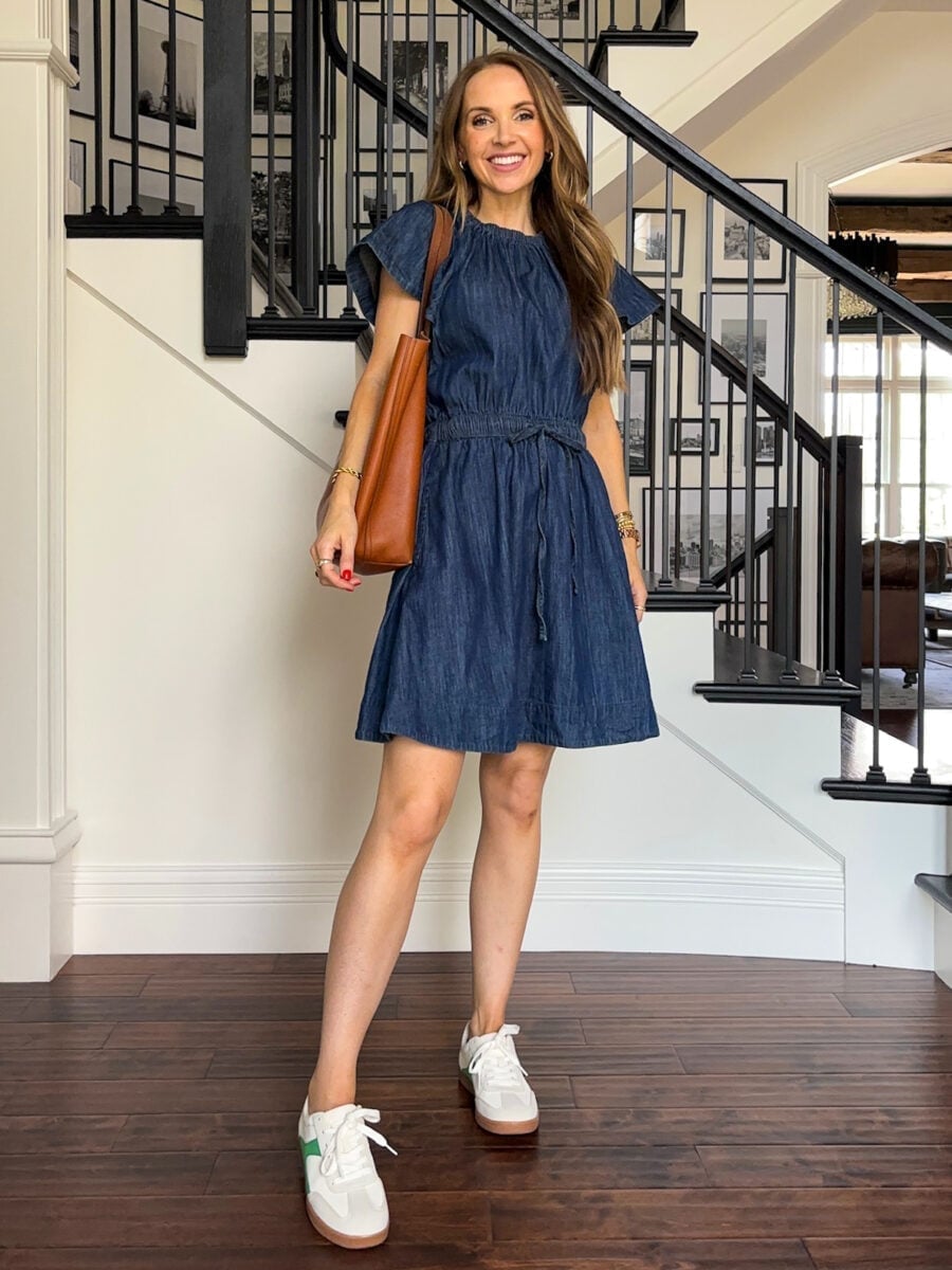 Blue Denim Short-Sleeve Dress with Cinched Waist — Hot Weather Outfits