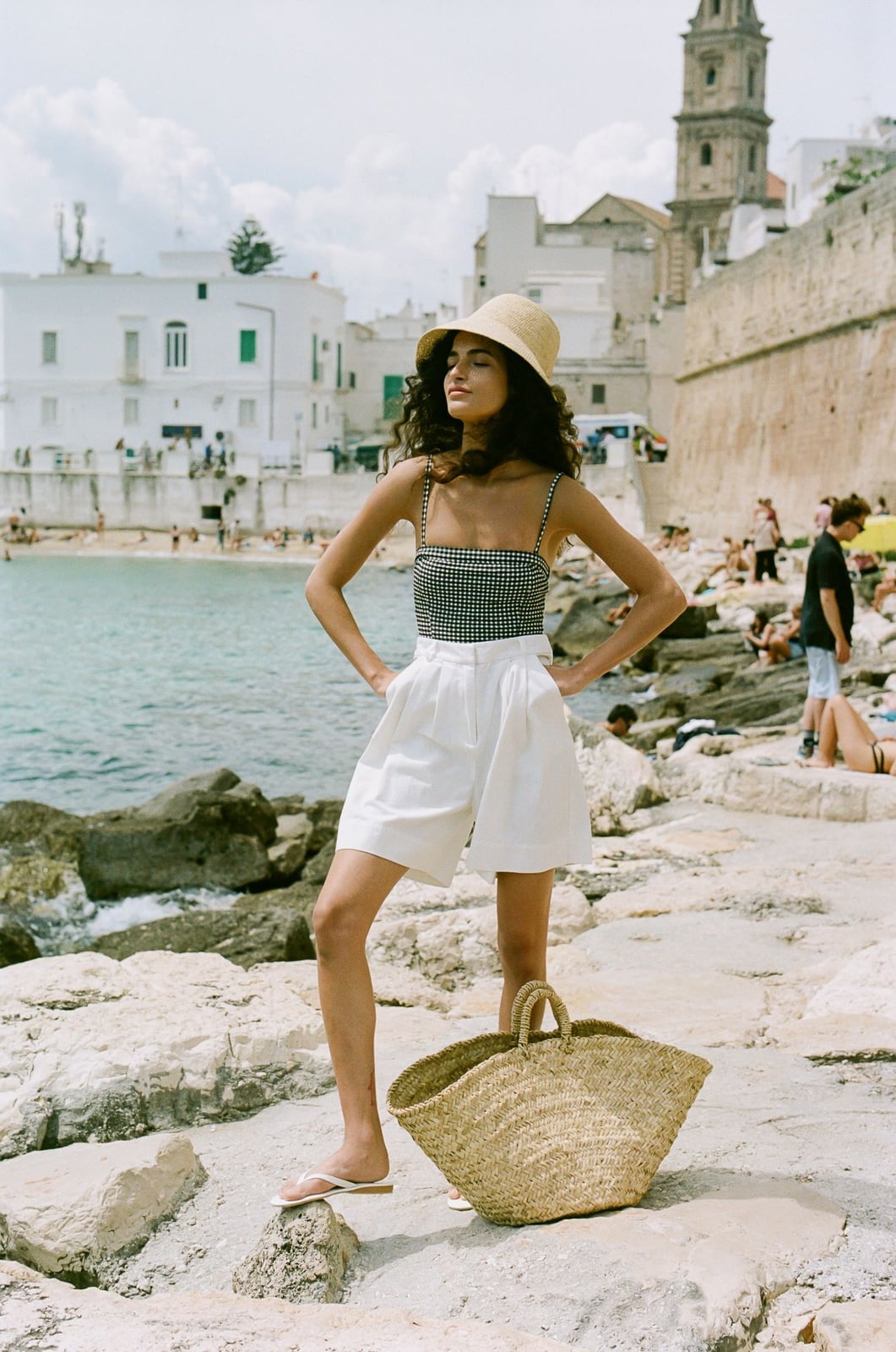 Black and White Gingham Crop Top with White Linen Shorts — Hot Weather Outfits