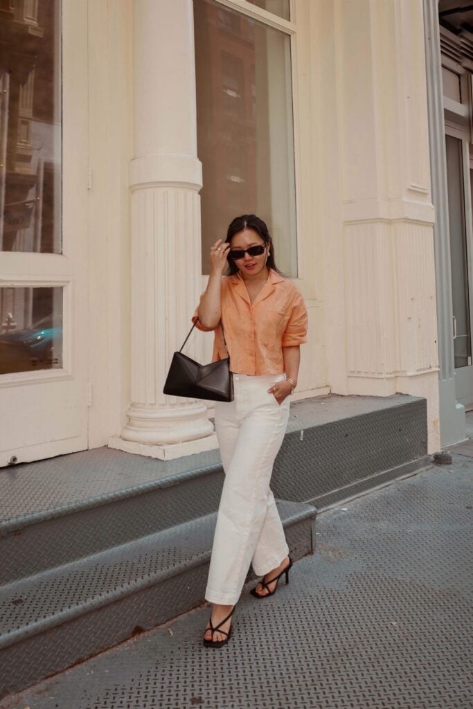 Peach Cropped Collared Shirt with White Wide-Leg Trousers — Hot Weather Outfits