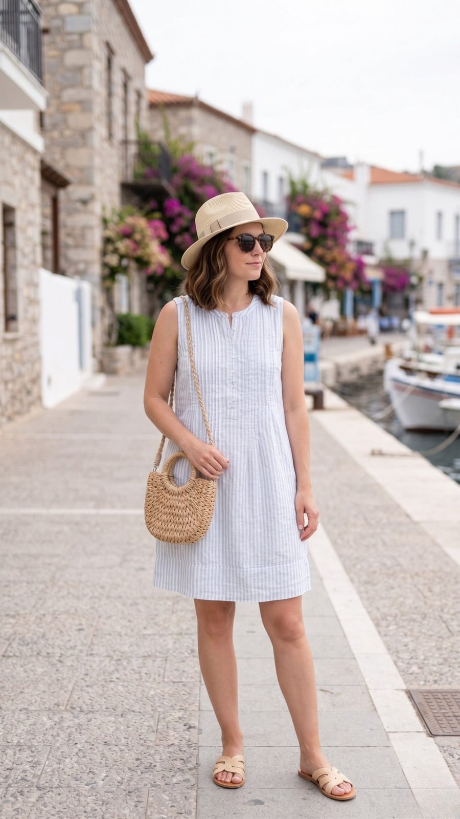 Light Blue and White Striped Sleeveless Shift Dress — Hot Weather Outfits