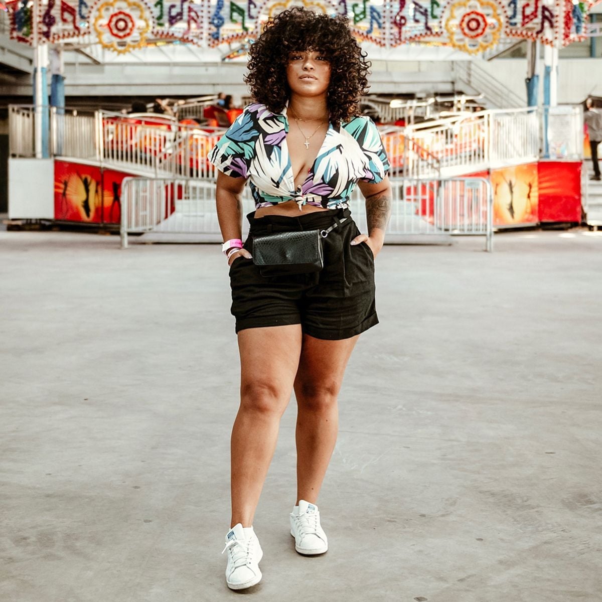 Cropped Colorful Printed Blouse with High-Waisted Black Shorts — Hot Weather Outfits