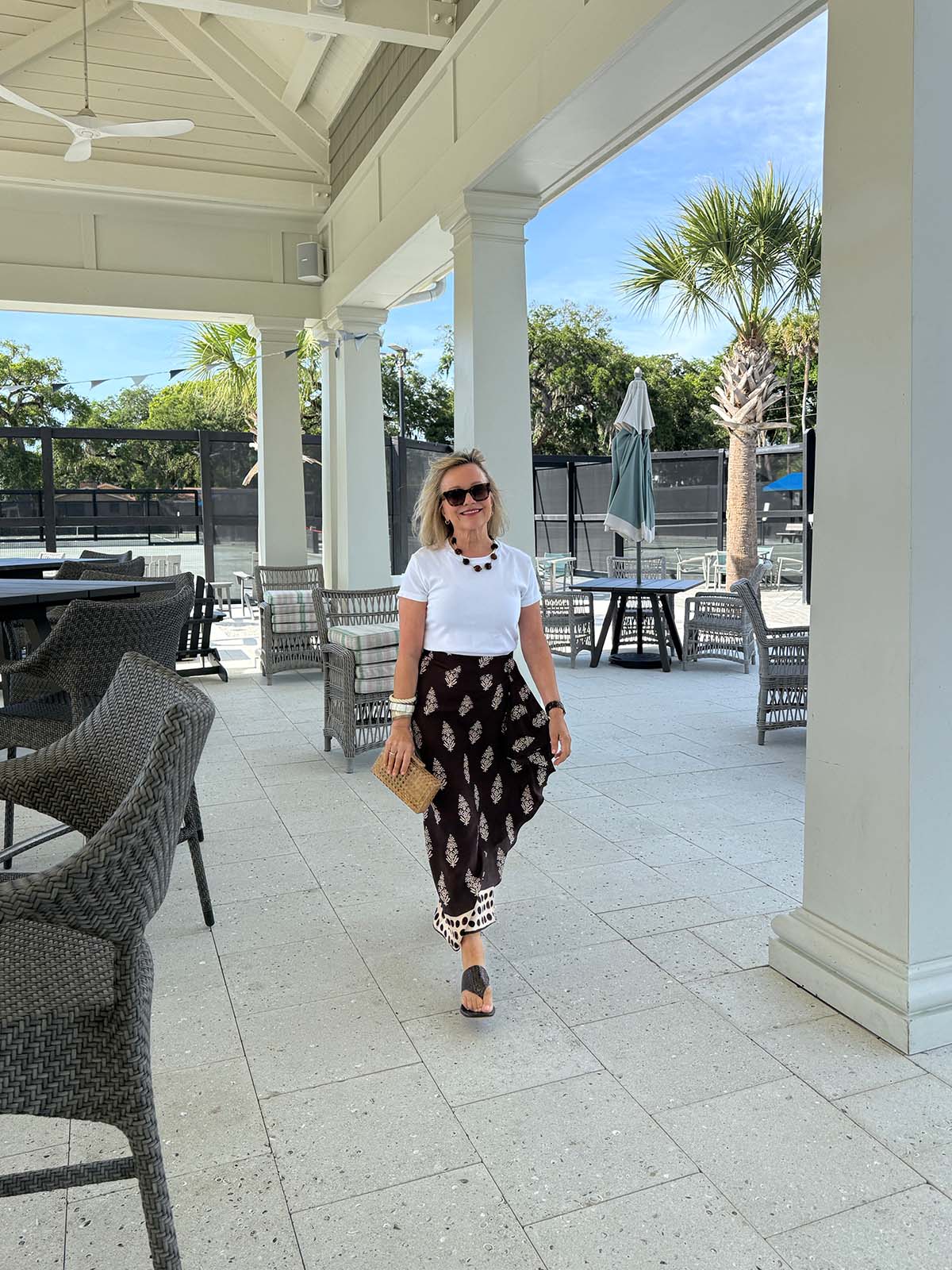 White T-Shirt with Patterned Wide-Leg Trousers — Hot Weather Outfits