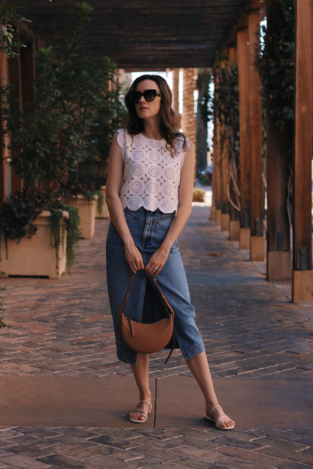 White Lace Top with Blue Denim Midi Skirt — Hot Weather Outfits