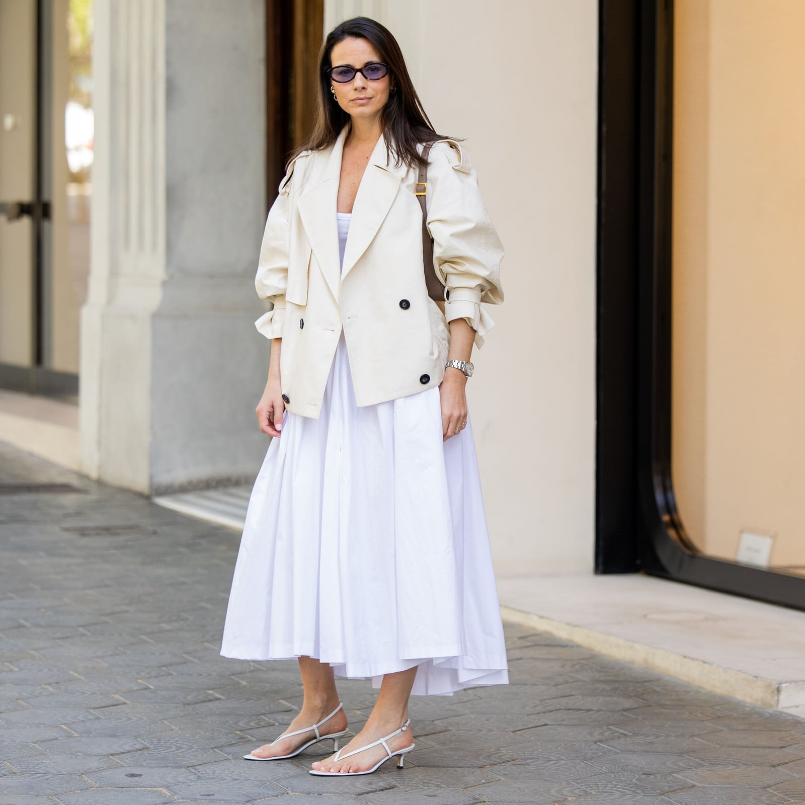 White Midi Dress with an Oversized Cream Blazer — Hot Weather Outfits