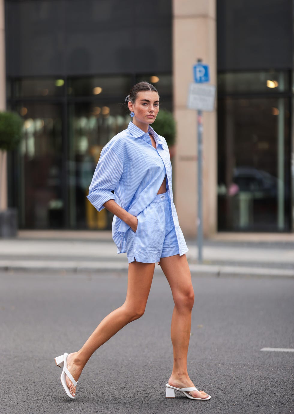 Light Blue and White Striped Button-Down Shirt and Shorts Set — Hot Weather Outfits
