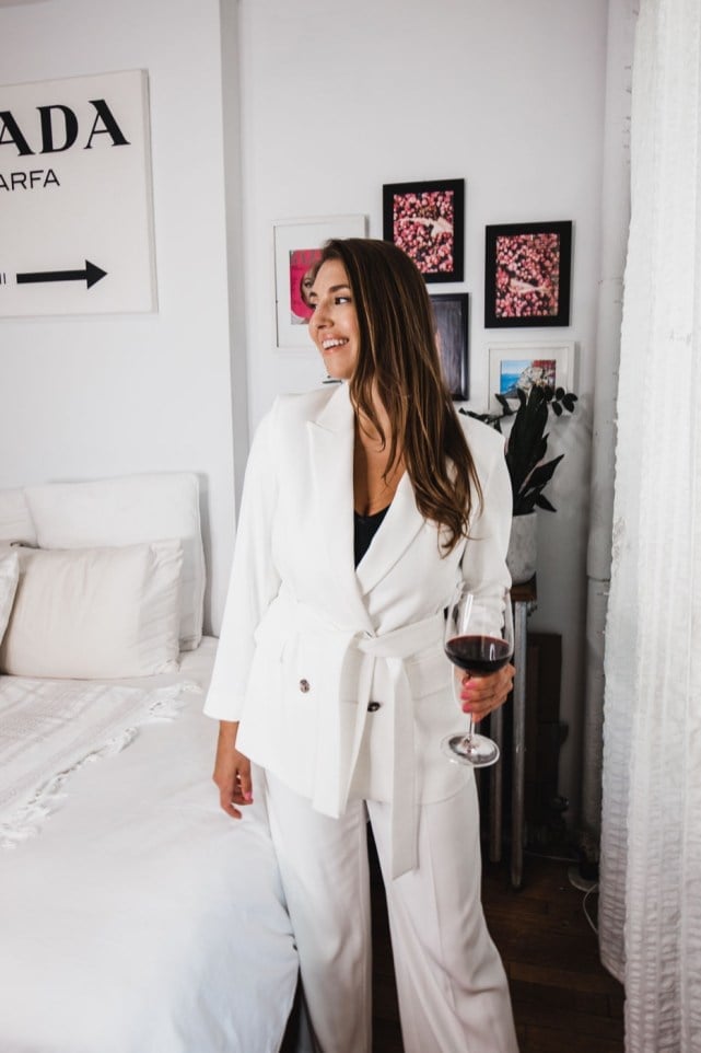 White Belted Blazer Over Black Top and Trousers White Belted Blazer Over Black Top and Trousers — House Outfit Ideas