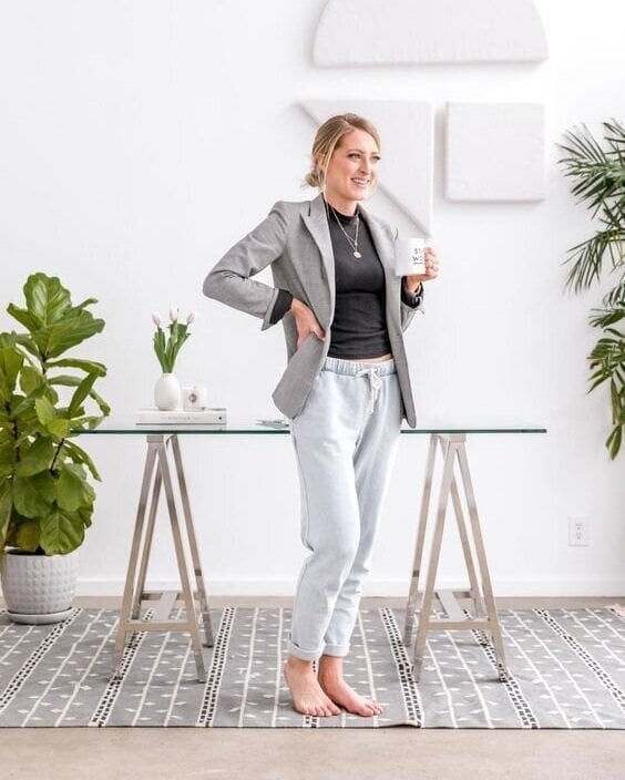 Gray Blazer Over Black Top and Light Blue Sweatpants Gray Blazer Over Black Top and Light Blue Sweatpants — House Outfit Ideas