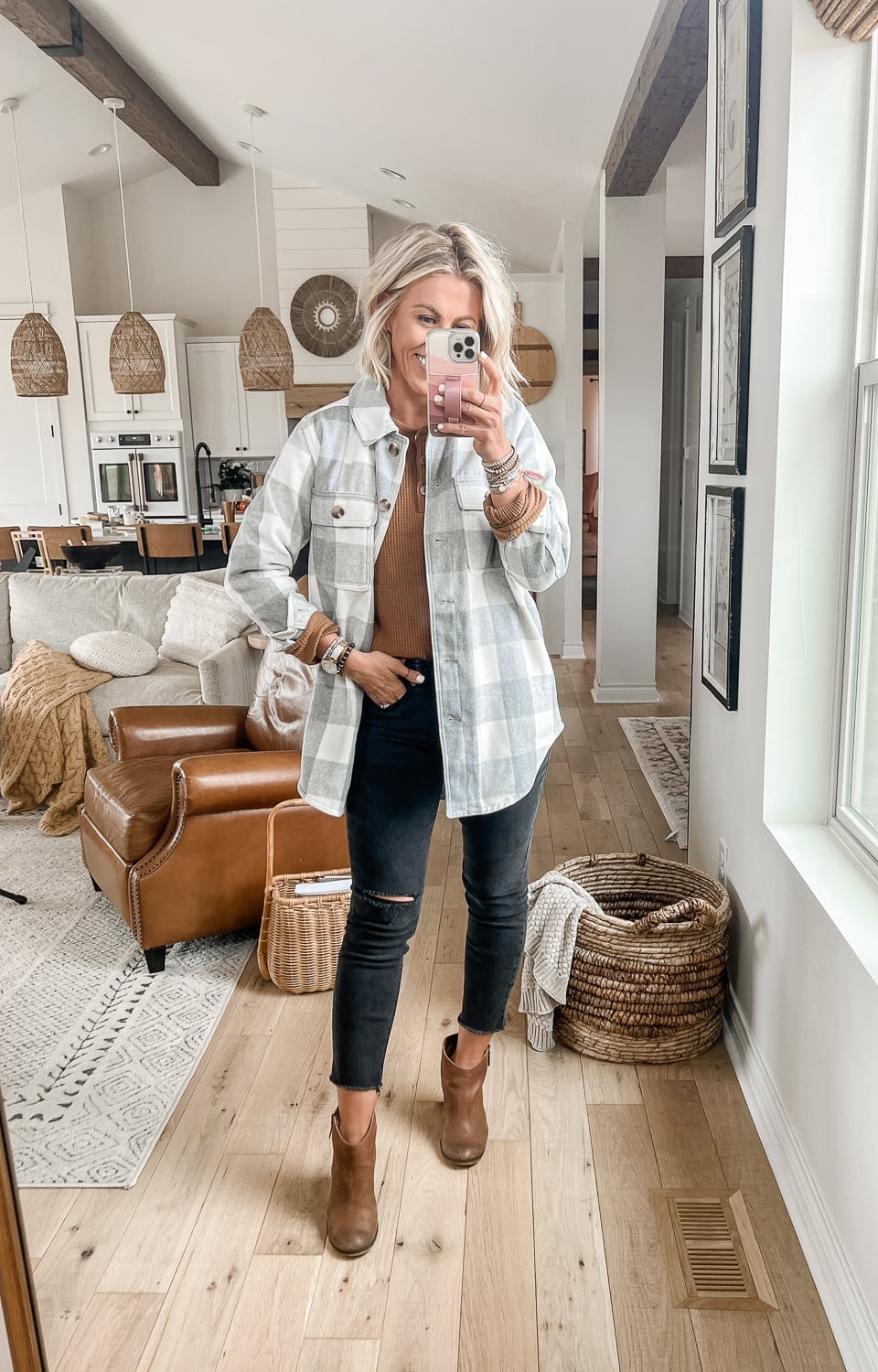 Plaid Shacket Over Brown Top and Black Jeans, Flannel Plaid Shacket Over Brown Top and Black Jeans, Flannel — House Outfit Ideas
