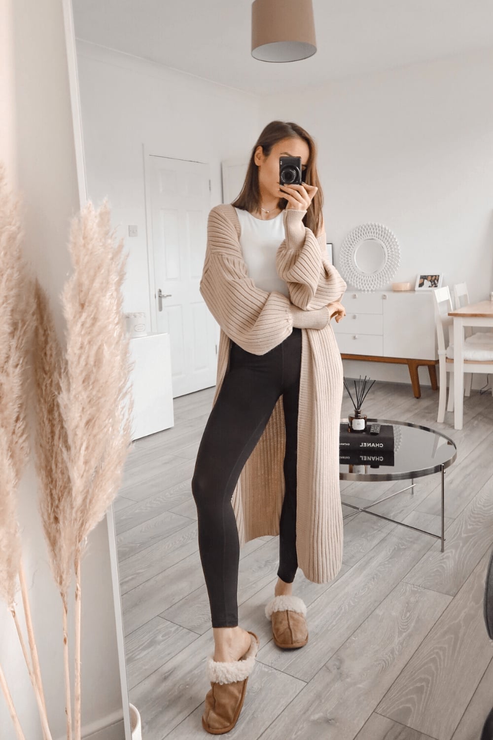 Beige Longline Cardigan Over White Tank and Black Leggings Beige Longline Cardigan Over White Tank and Black Leggings — House Outfit Ideas