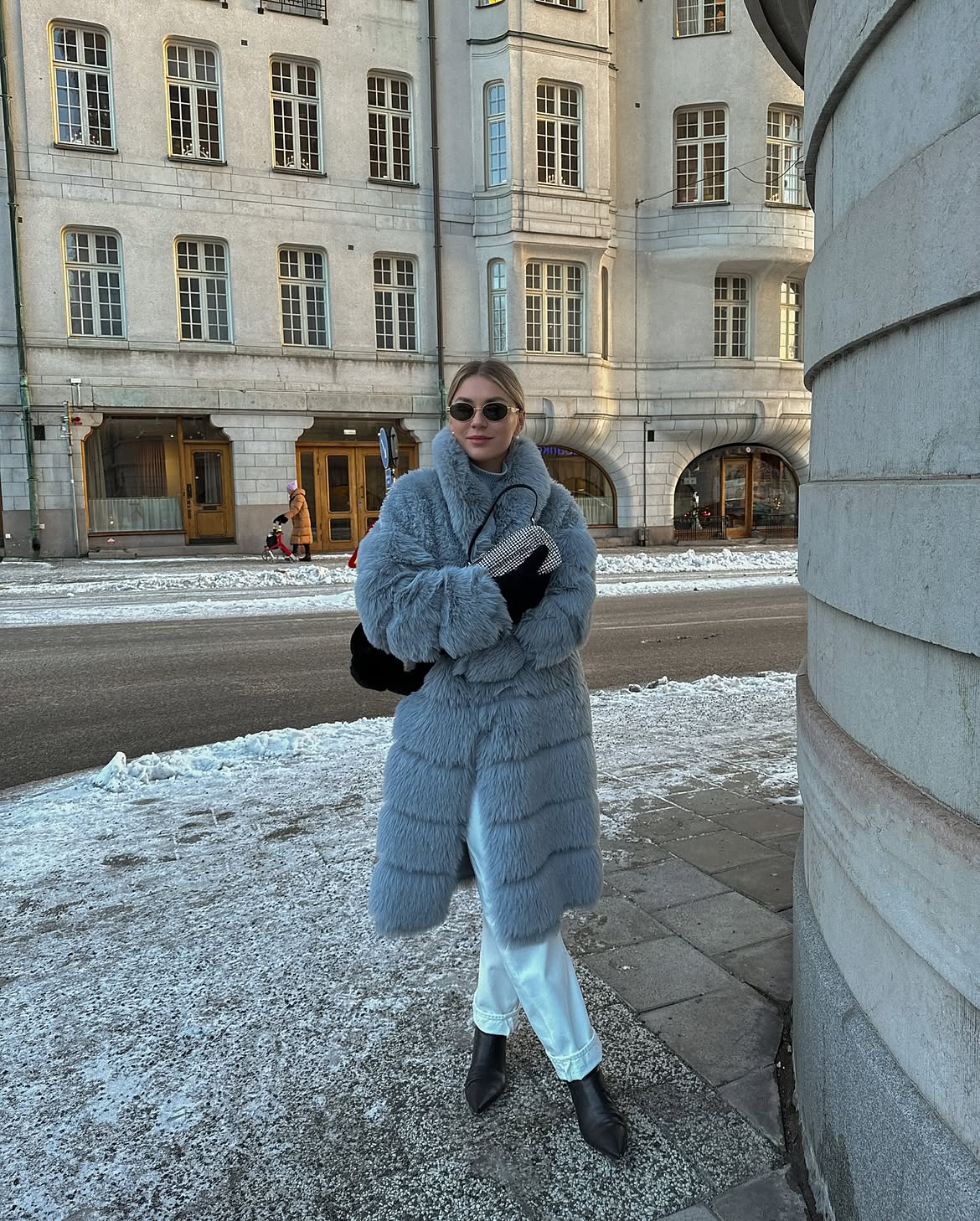 Ice Blue Faux Fur Coat And White Jeans