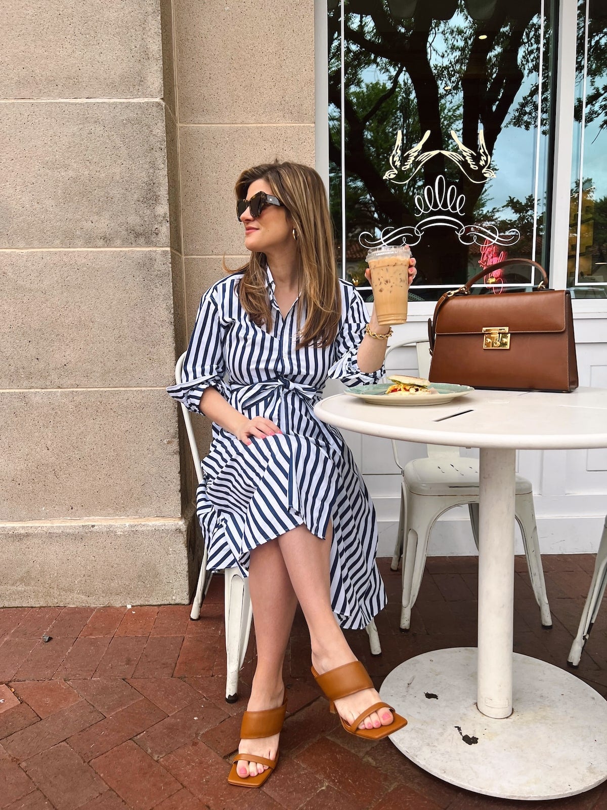 Navy and White Striped Shirt Dress With A Brown Leather Handbag Navy and White Striped Shirt Dress With A Brown Leather Handbag — Iconic Dresses