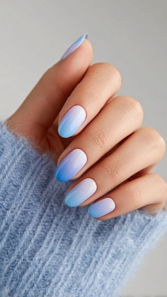 Milky White to Icy Blue Gradient Oval Nails — Icy Blue Nails