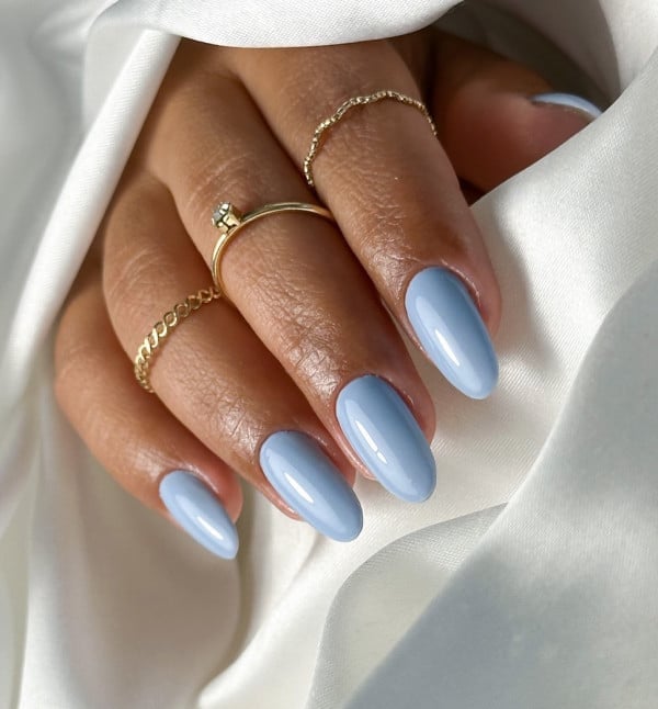 Solid Opaque Light Blue Glossy Oval Nails — Icy Blue Nails