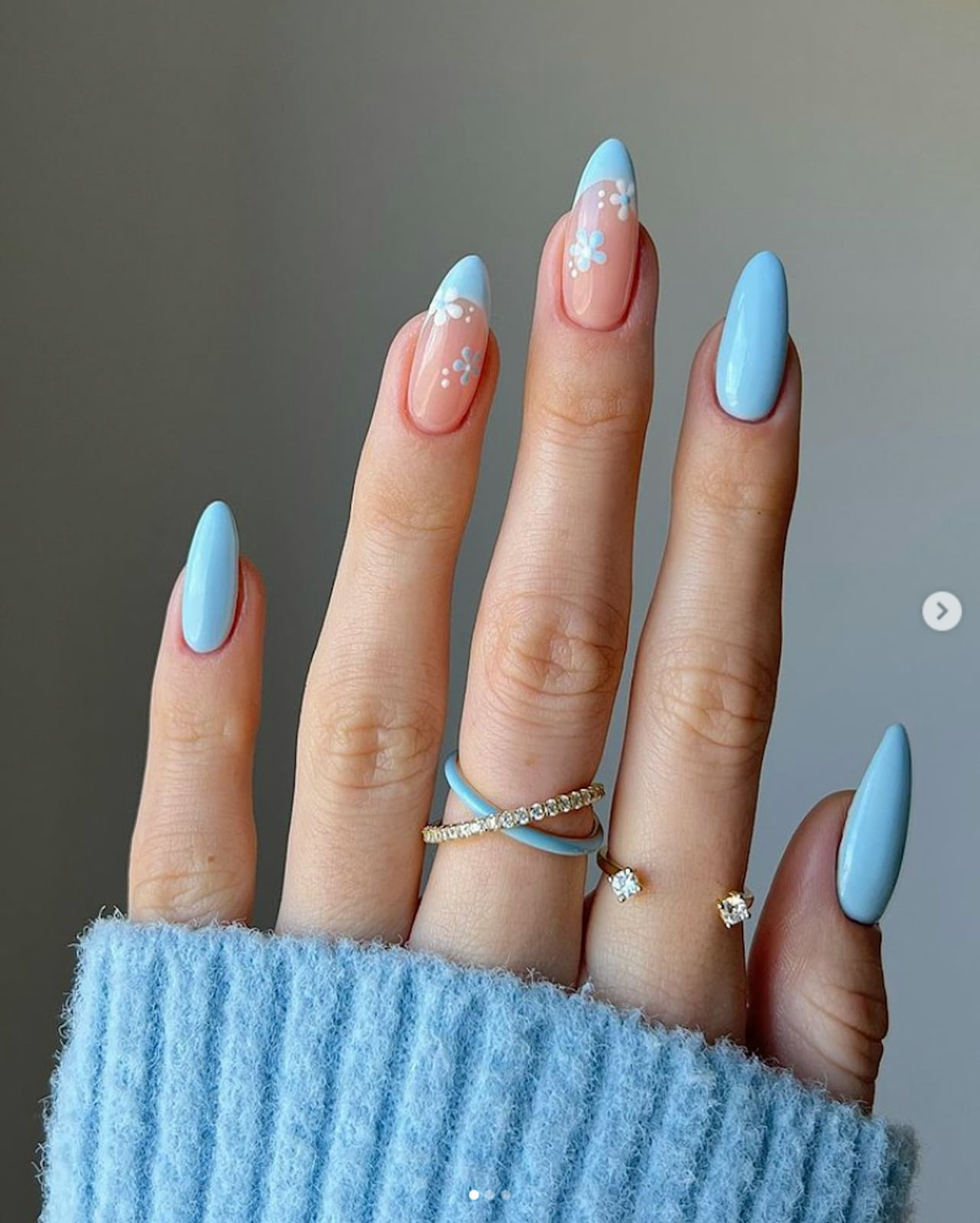 Sky Blue with White Floral French Tip Oval Nails — Icy Blue Nails