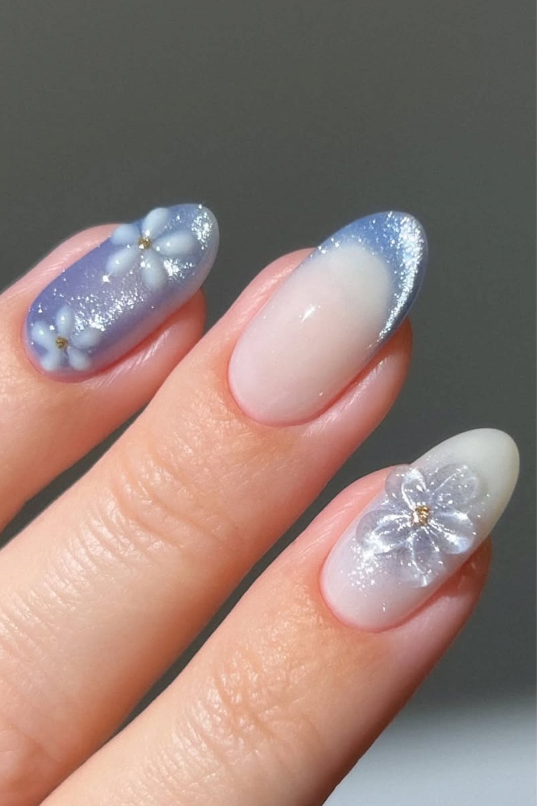 Lavender Blue Gradient 3D Flower Oval Nails — Icy Blue Nails