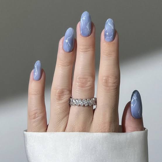 Light Blue with White Swirls and Dots Almond Nails — Icy Blue Nails