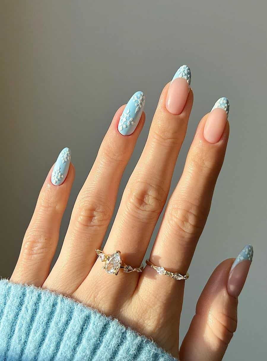 Short Almond Snowflake Accent Nails — Icy Blue Nails