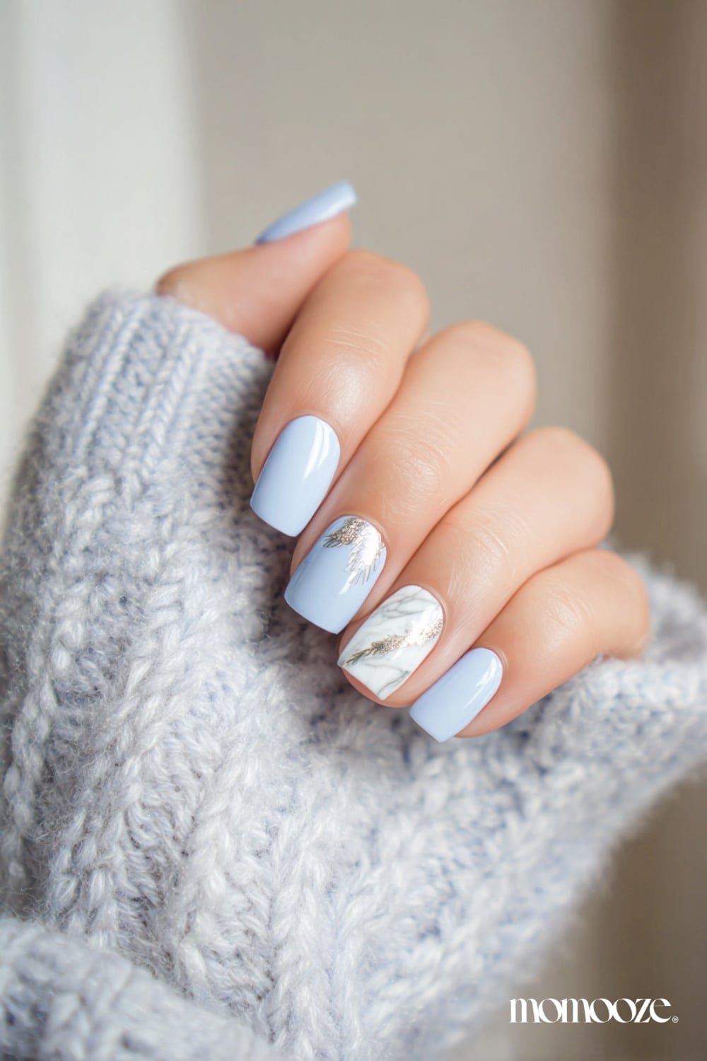 Light Blue Square with White Marble Gold Foil Accent — Icy Blue Nails
