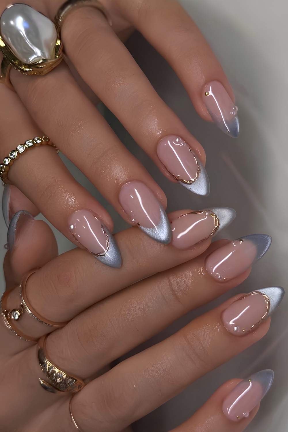 Metallic Blue Gradient Long Almond Nails with Gold Studs — Icy Blue Nails