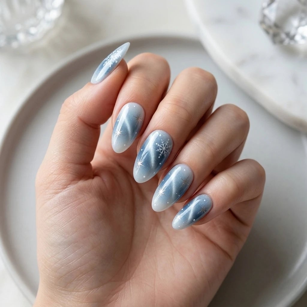 Icy Blue to White Cat Eye Ombre Almond Nails — Icy Blue Nails