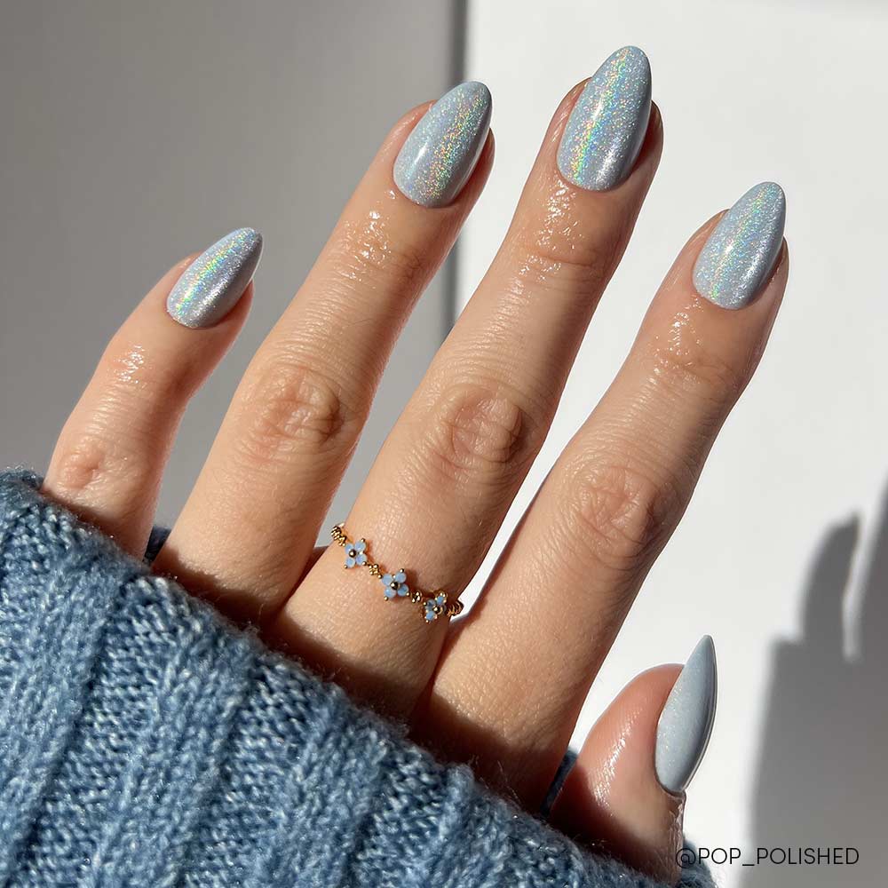 Pale Blue Holographic Shimmer Almond Nails — Icy Blue Nails