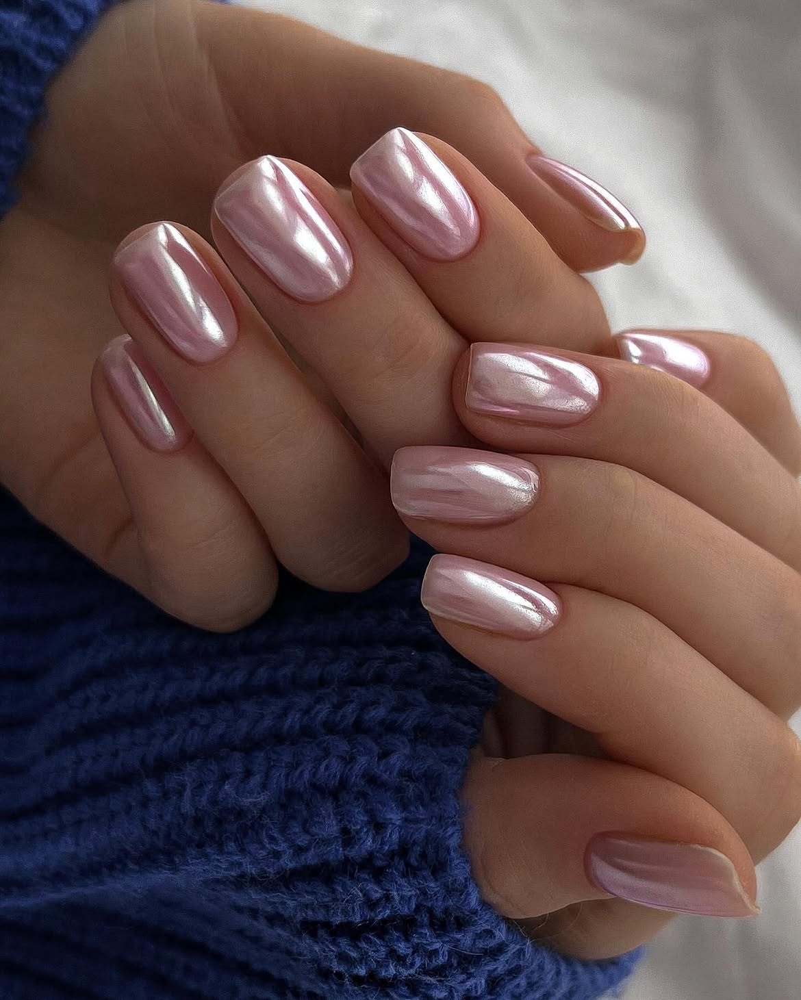 Icy Pink Glazed Chrome Short Square Nails