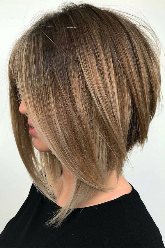 Brown Bob With Blonde Highlights And Blunt Line Brown Bob With Blonde Highlights And Blunt Line — Inverted Bob
