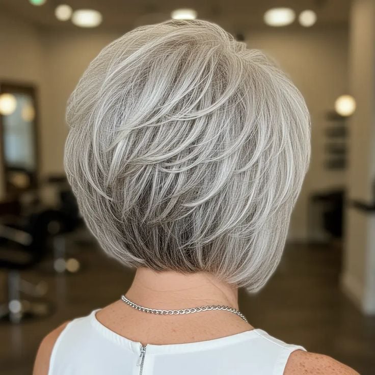 Short Gray Inverted Bob With Stacked Layers Short Gray Inverted Bob With Stacked Layers