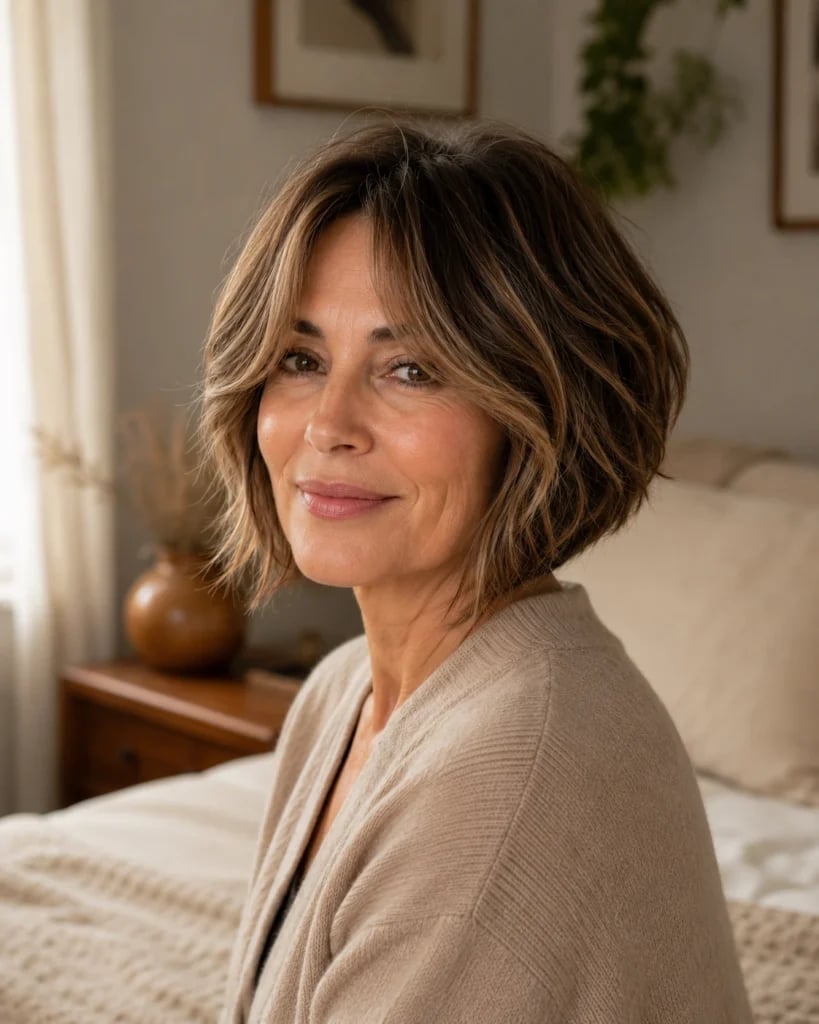 Layered Brown Bob With Blonde Highlights Layered Brown Bob With Blonde Highlights — Inverted Bob