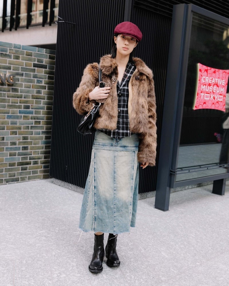 Faux Fur Jacket With Plaid Shirt and Denim Maxi Skirt — Japan Outfits