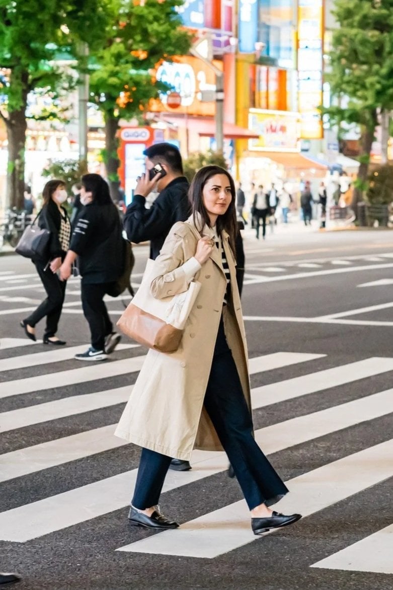 Trench Coat With Striped Top and Wide-Leg Trousers — Japan Outfits