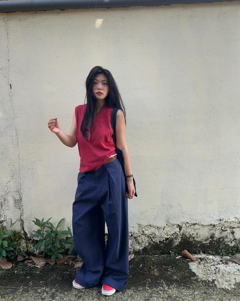 Vest With Wide-Leg Trousers and Sneakers — Japan Outfits