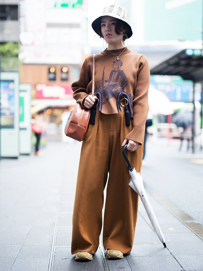 Brown Knit Sweater Wide-Leg Trousers and Sneakers — Japan Outfits