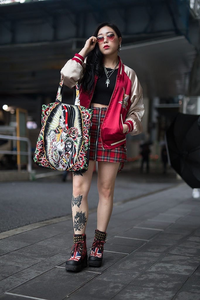 Bomber Jacket With Plaid Mini Skirt and Platform Boots — Japan Outfits