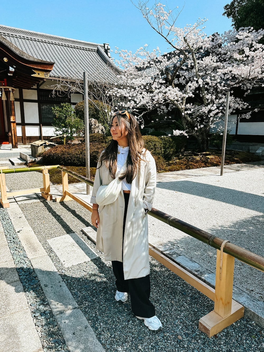Beige Trench Coat With White Top and Black Pants — Japan Outfits