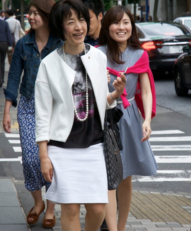 White Jacket With Patterned Skirt and Pearl Necklace — Japan Outfits