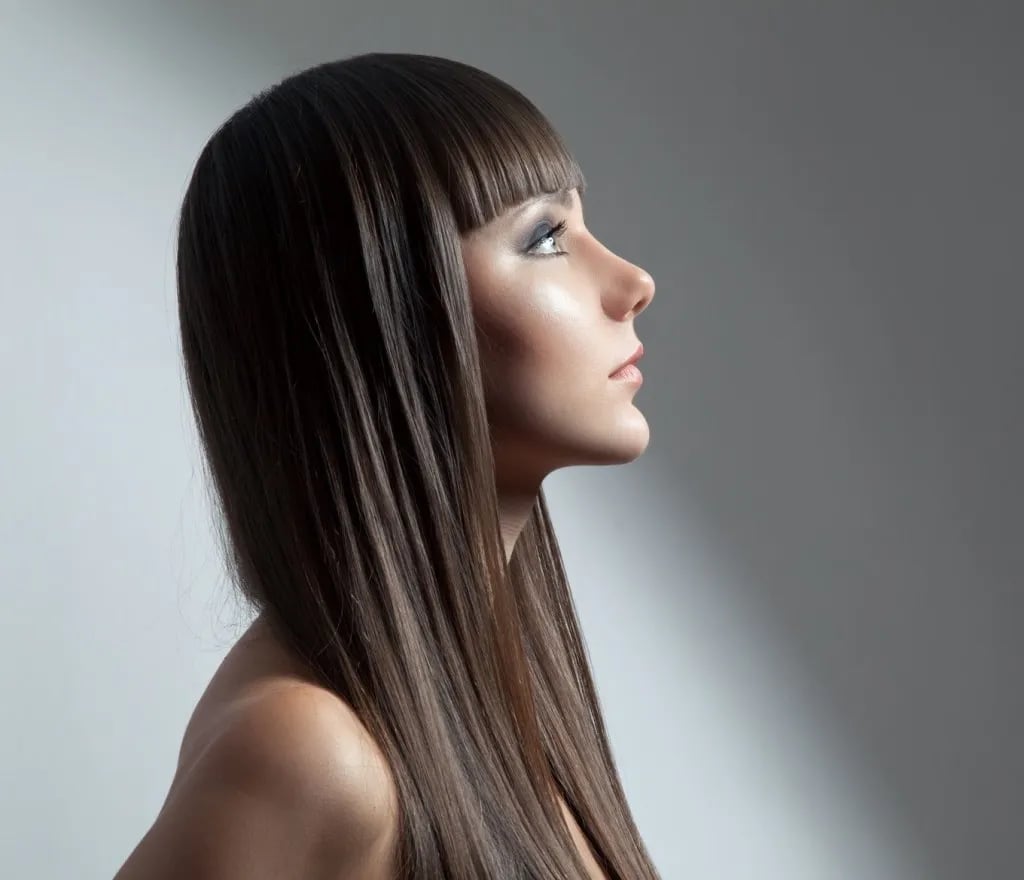 Sleek Dark Brown Bob With Blunt Bangs, Fine Straight — Japanese Hair