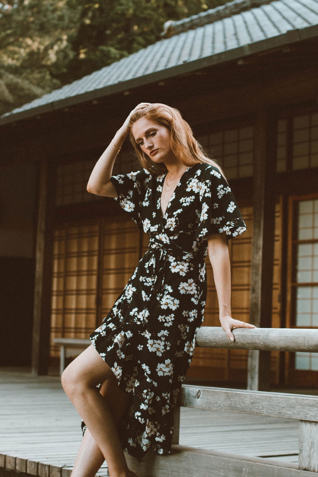 Floral Print Wrap Dress With Ruffled Hem — Japanese Outfits