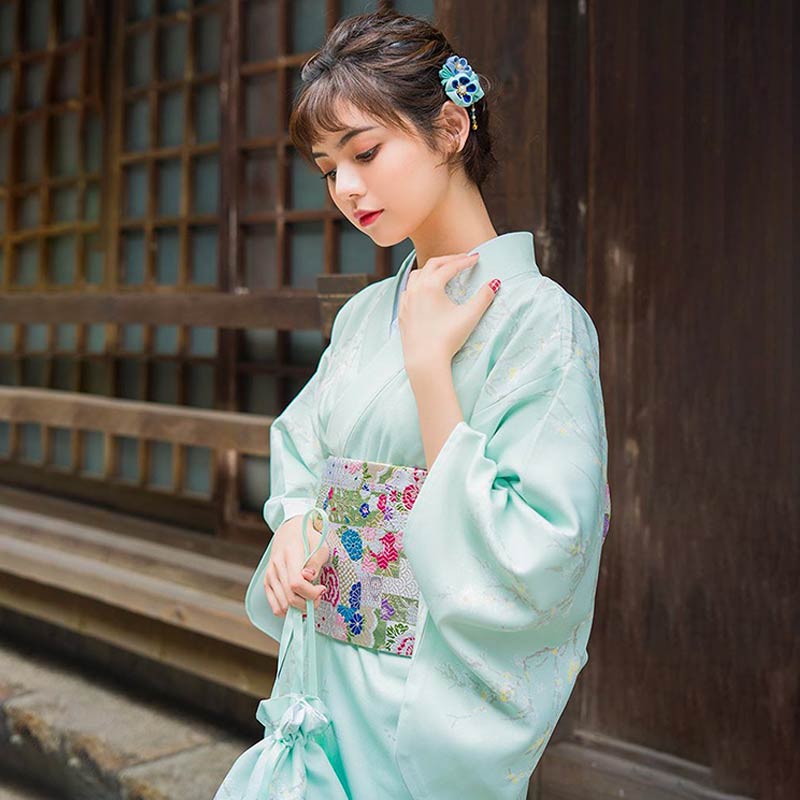 Light Blue Floral Kimono With Matching Obi — Japanese Outfits