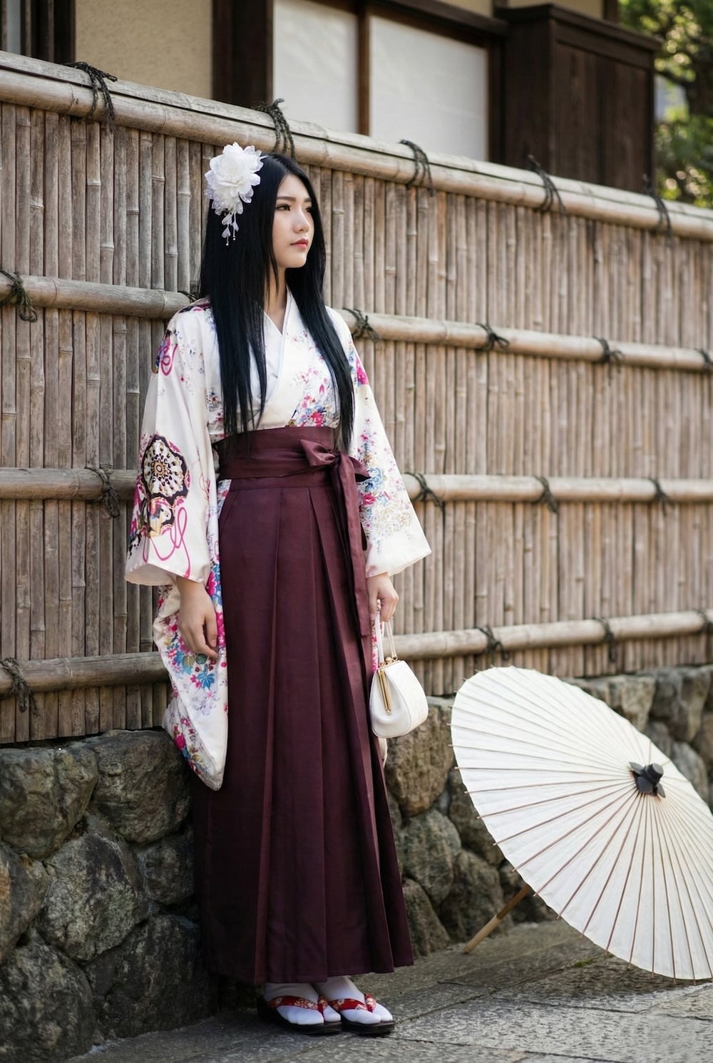 Floral Kimono With Maroon Hakama Skirt — Japanese Outfits