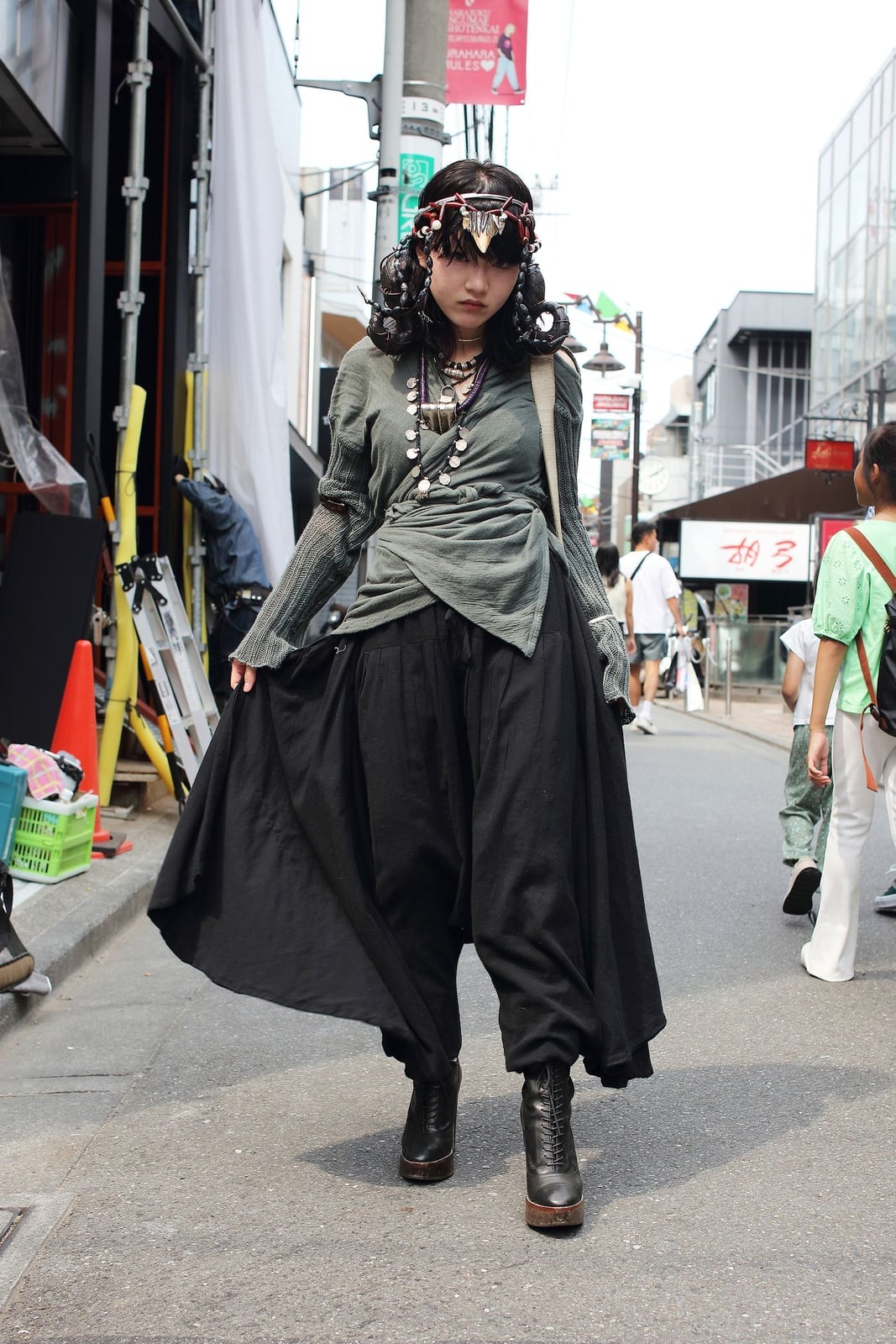 Layered Gray Wrap Top And Wide Leg Pants — Japanese Outfits
