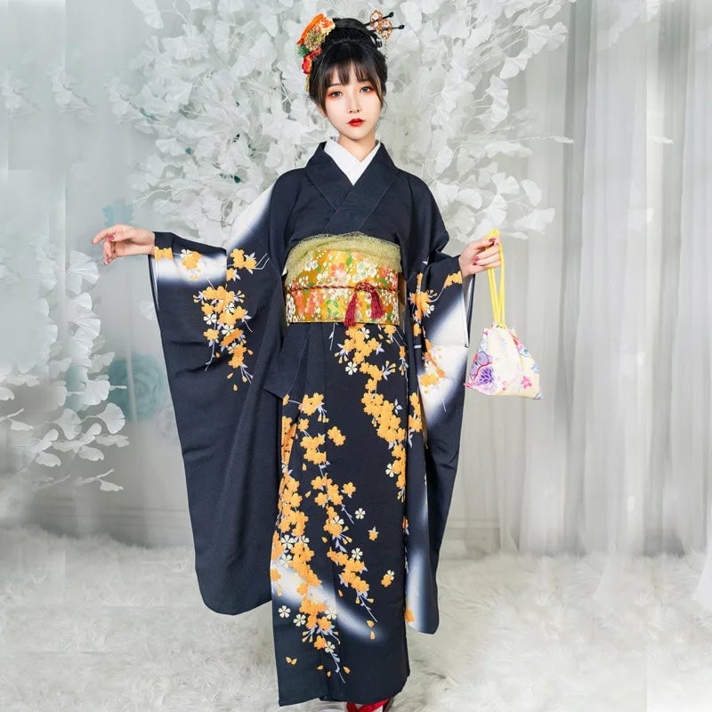 Dark Blue Floral Kimono With Ornate Obi — Japanese Outfits