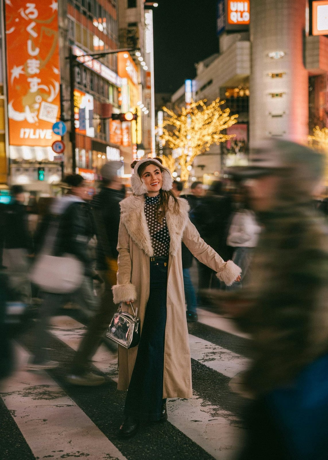 Fur-Trimmed Coat Over Polka Dot Shirt — Japanese Outfits